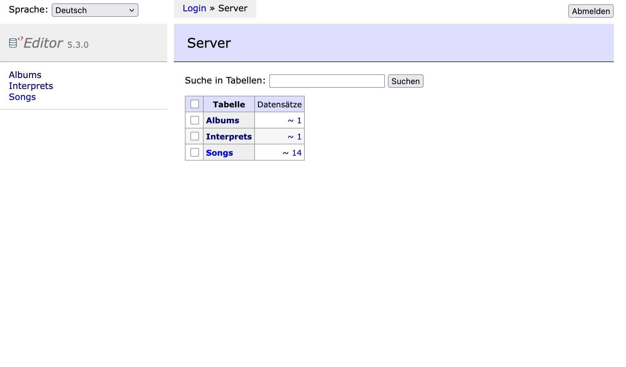 Screenshot of Adminer interface showing a simplistic retro database UI