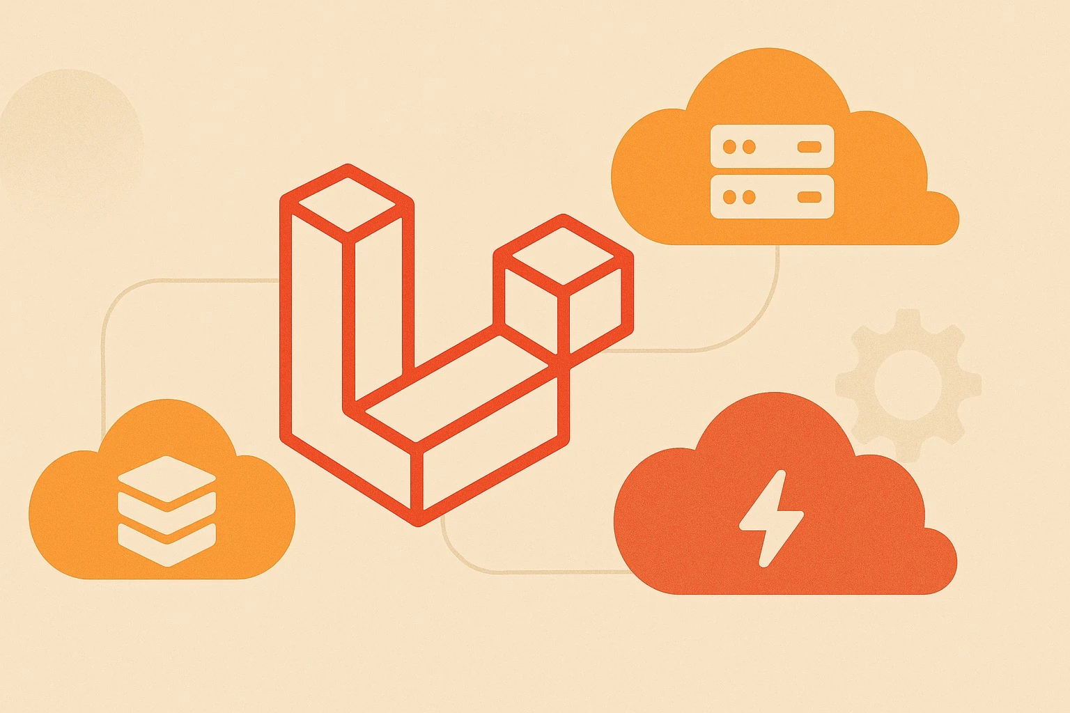 Laravel logo surrounded by cloud infrastructure icons