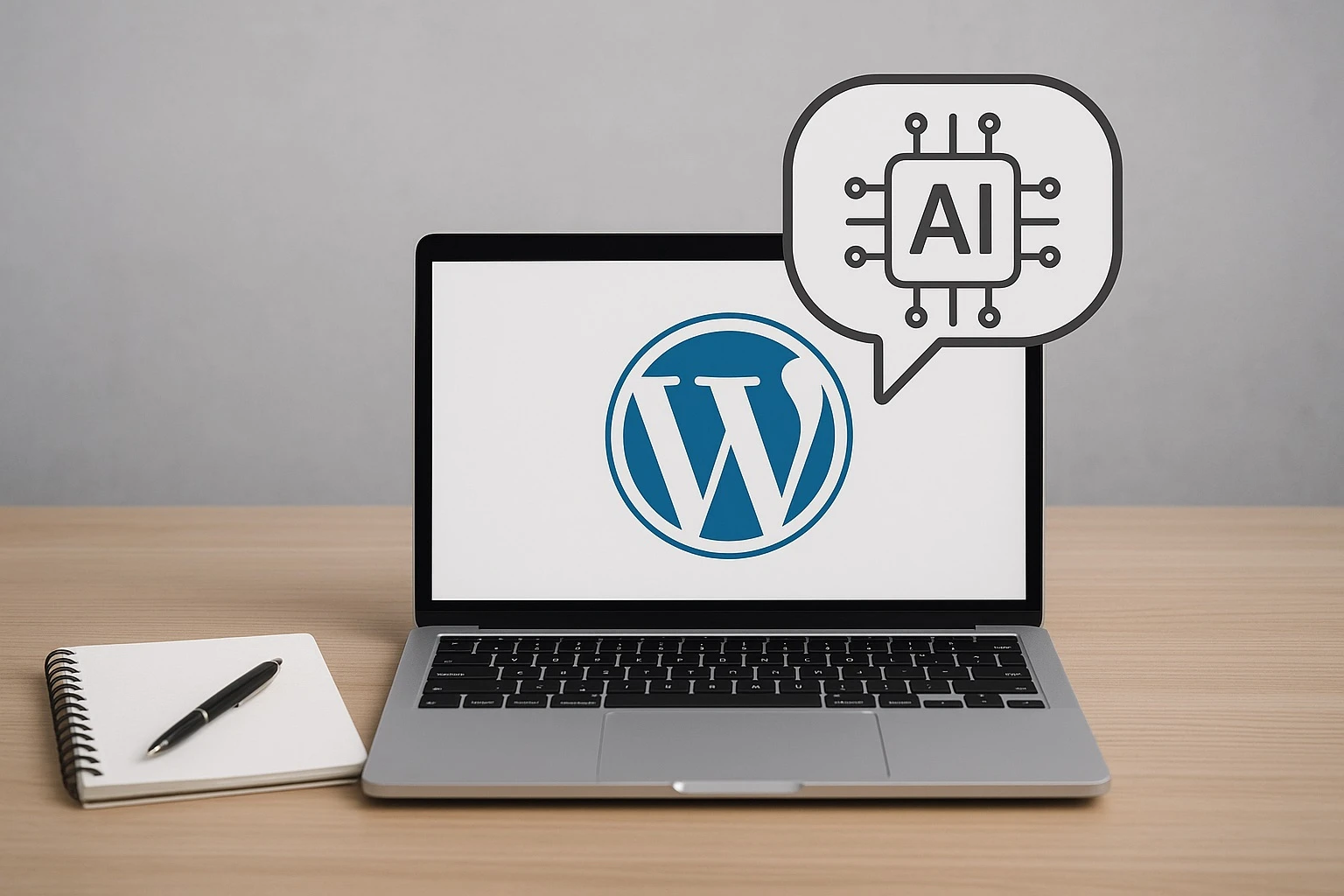 Illustration of AI and search engine icons overlayed on a WordPress dashboard