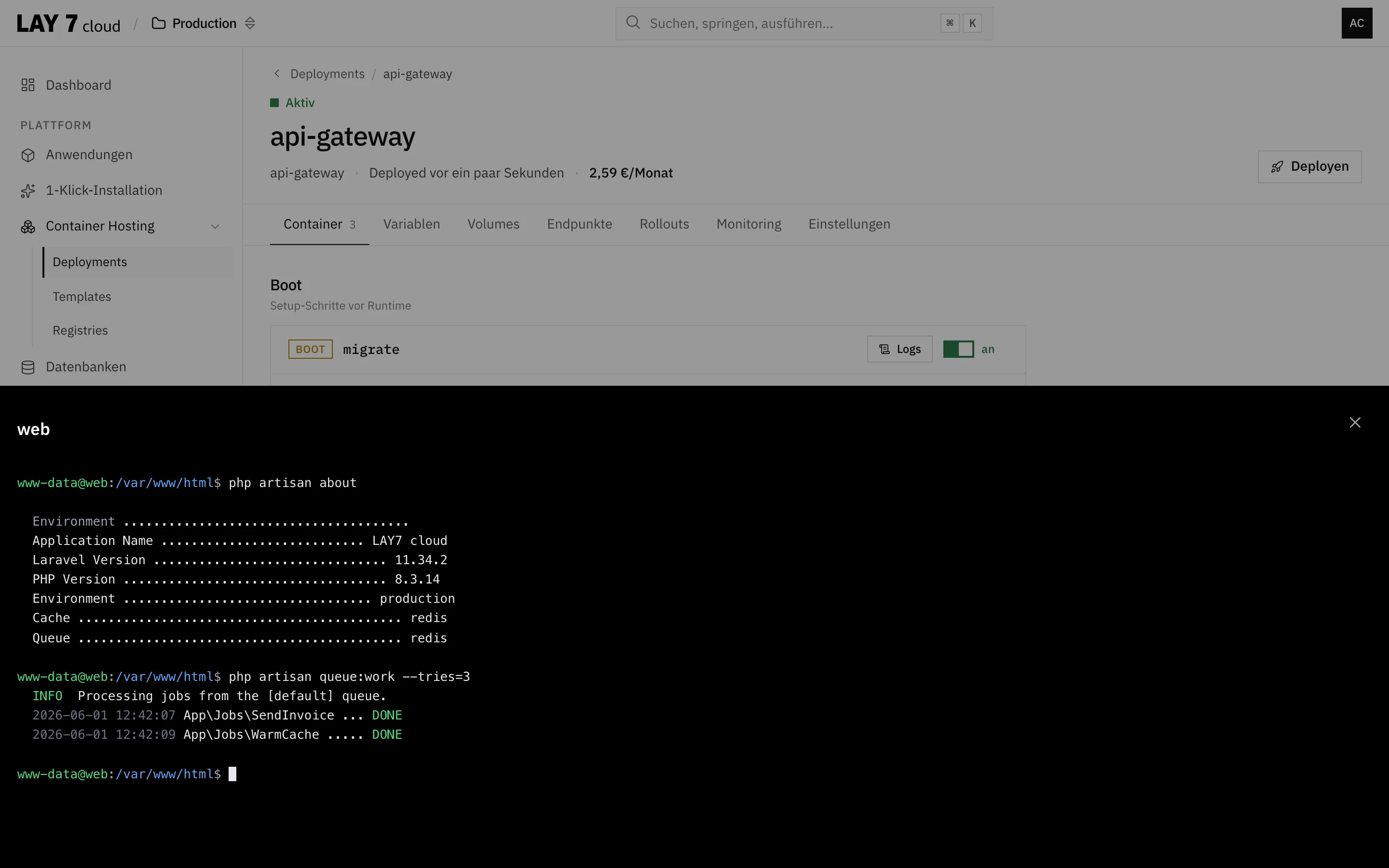 Web-Terminal eines Container-Deployments in der LAY7 cloud – Konsole direkt im Browser