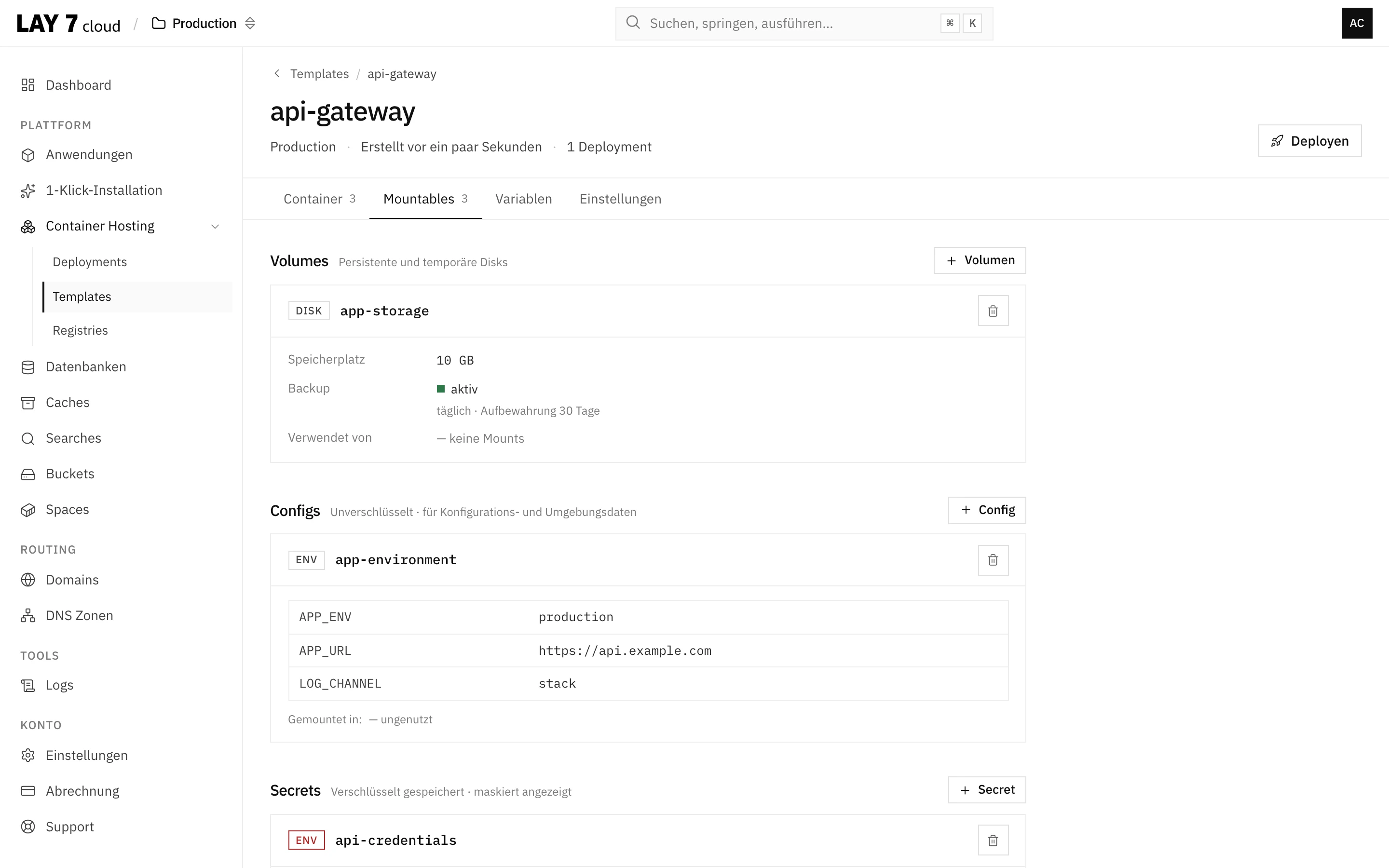 UI zur Verwaltung von Secrets und Configs