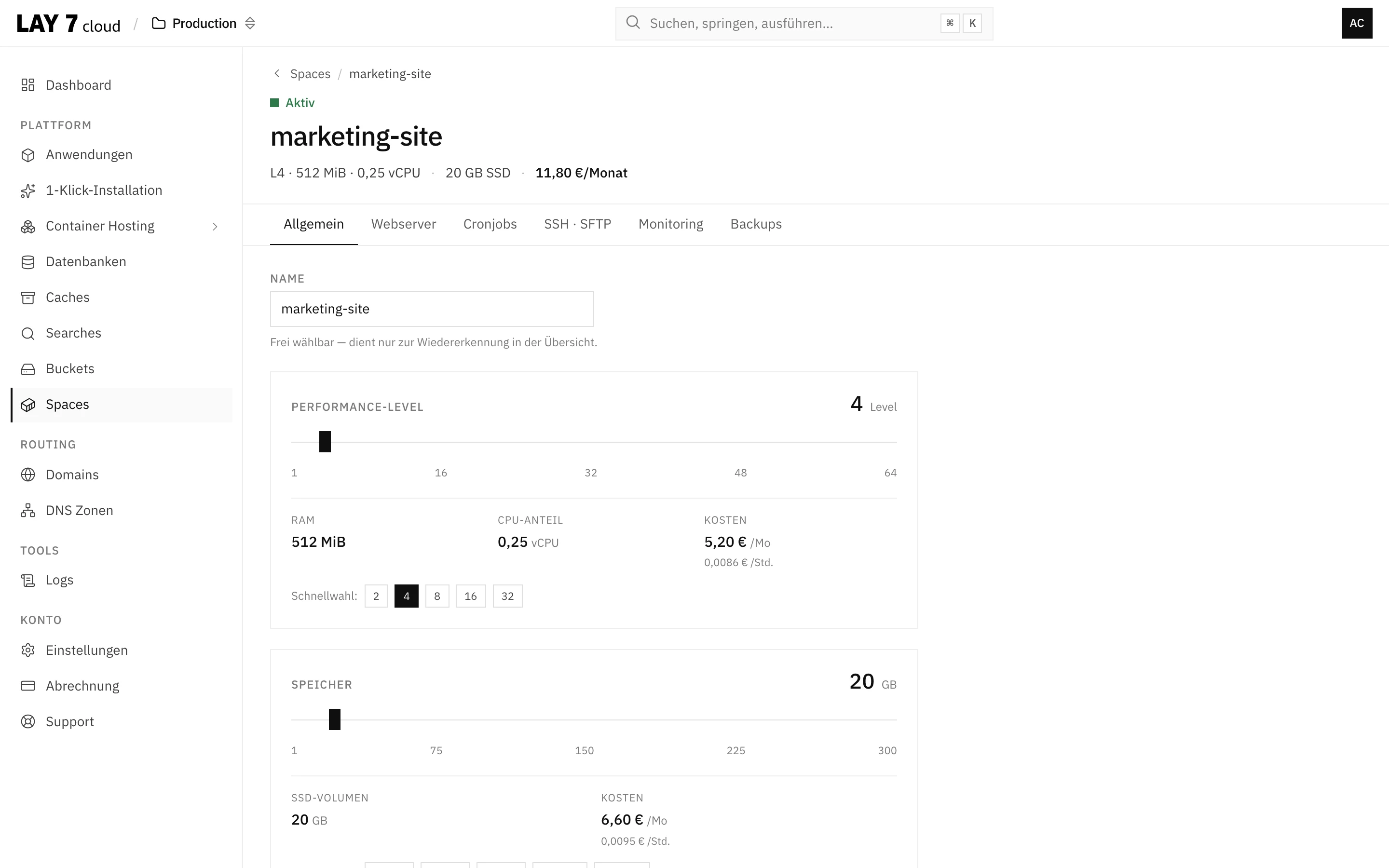 Screenshot zeigt Skalierungsmöglichkeiten eines Spaces