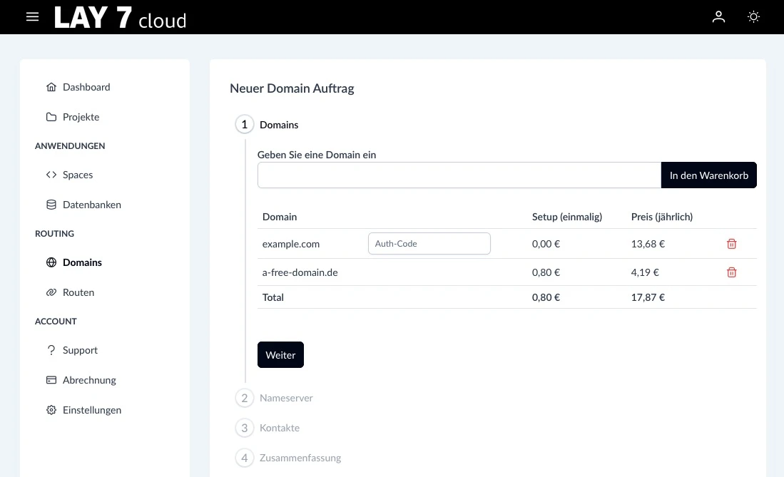 Domain registration in the LAY7 Cloud interface