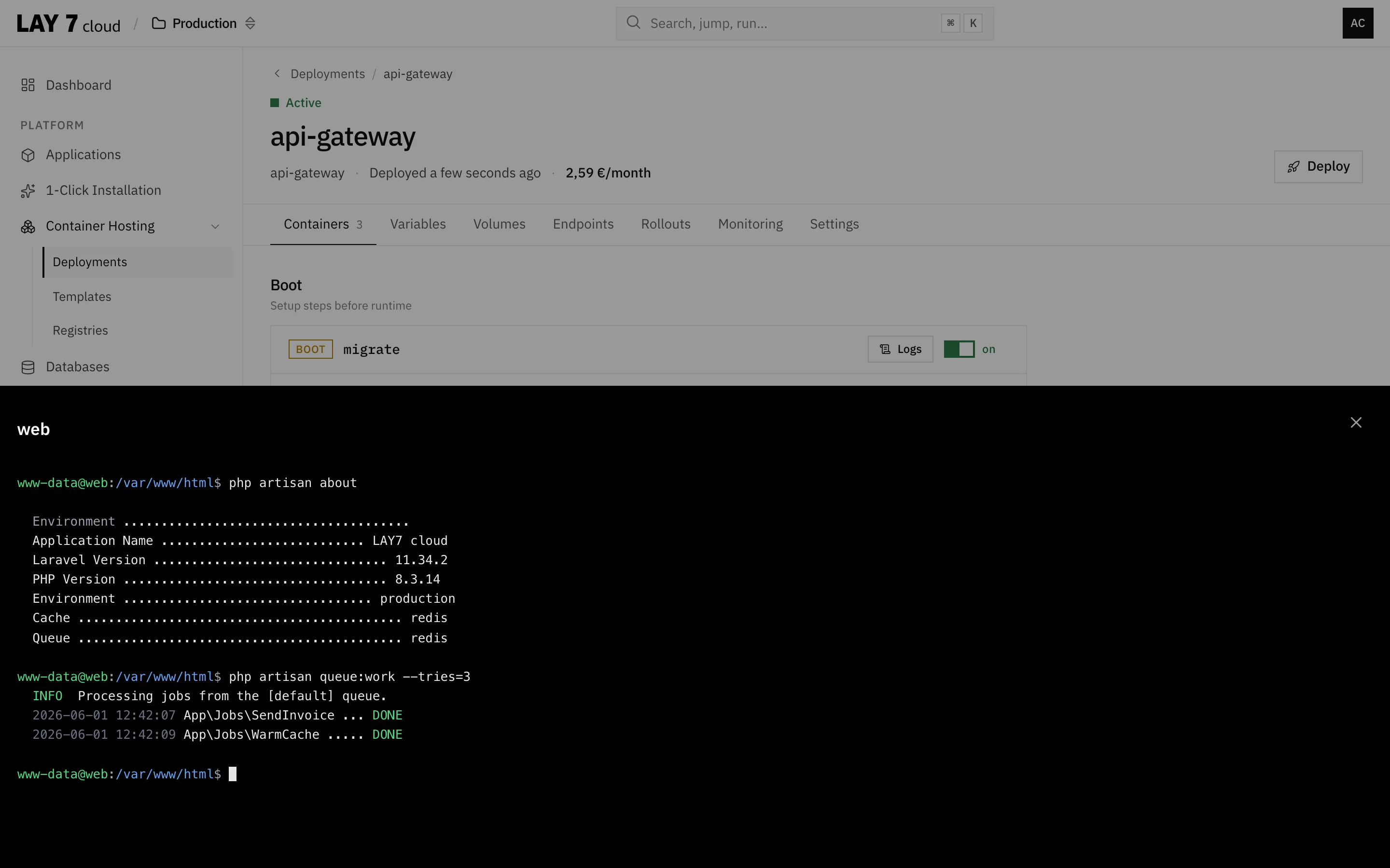 Web terminal of a container deployment in the LAY7 cloud – console right in the browser