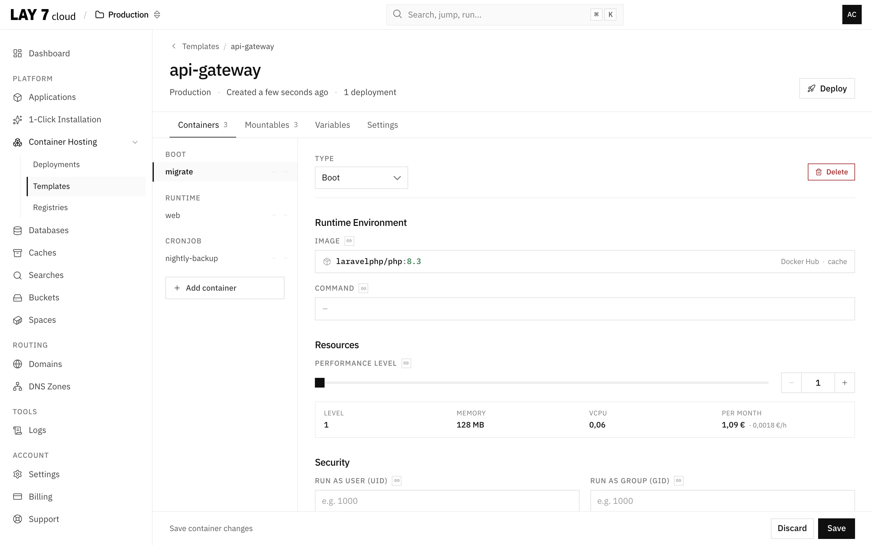 User interface for easy container configuration