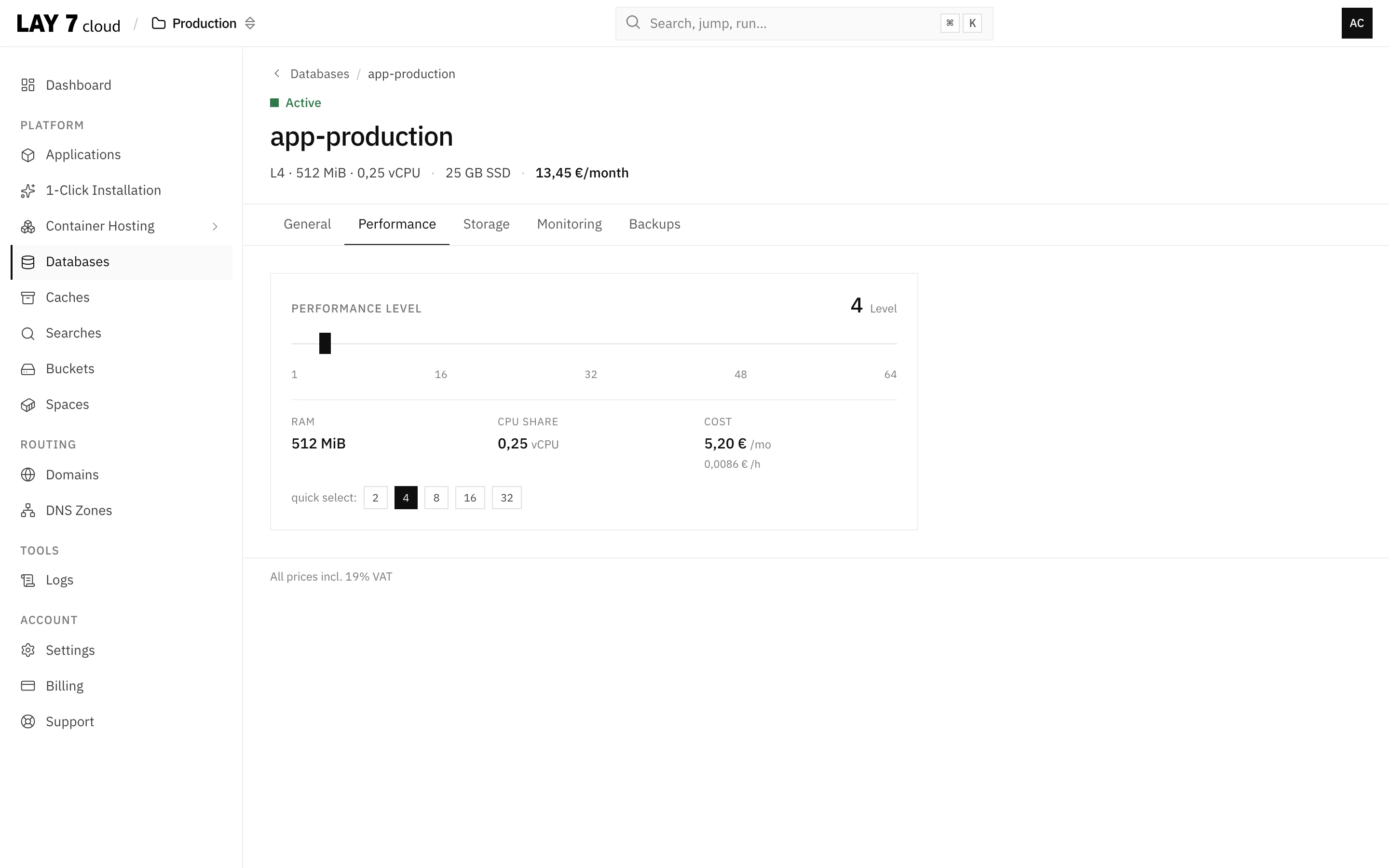 Scaling a managed database in the LAY7 cloud through performance levels