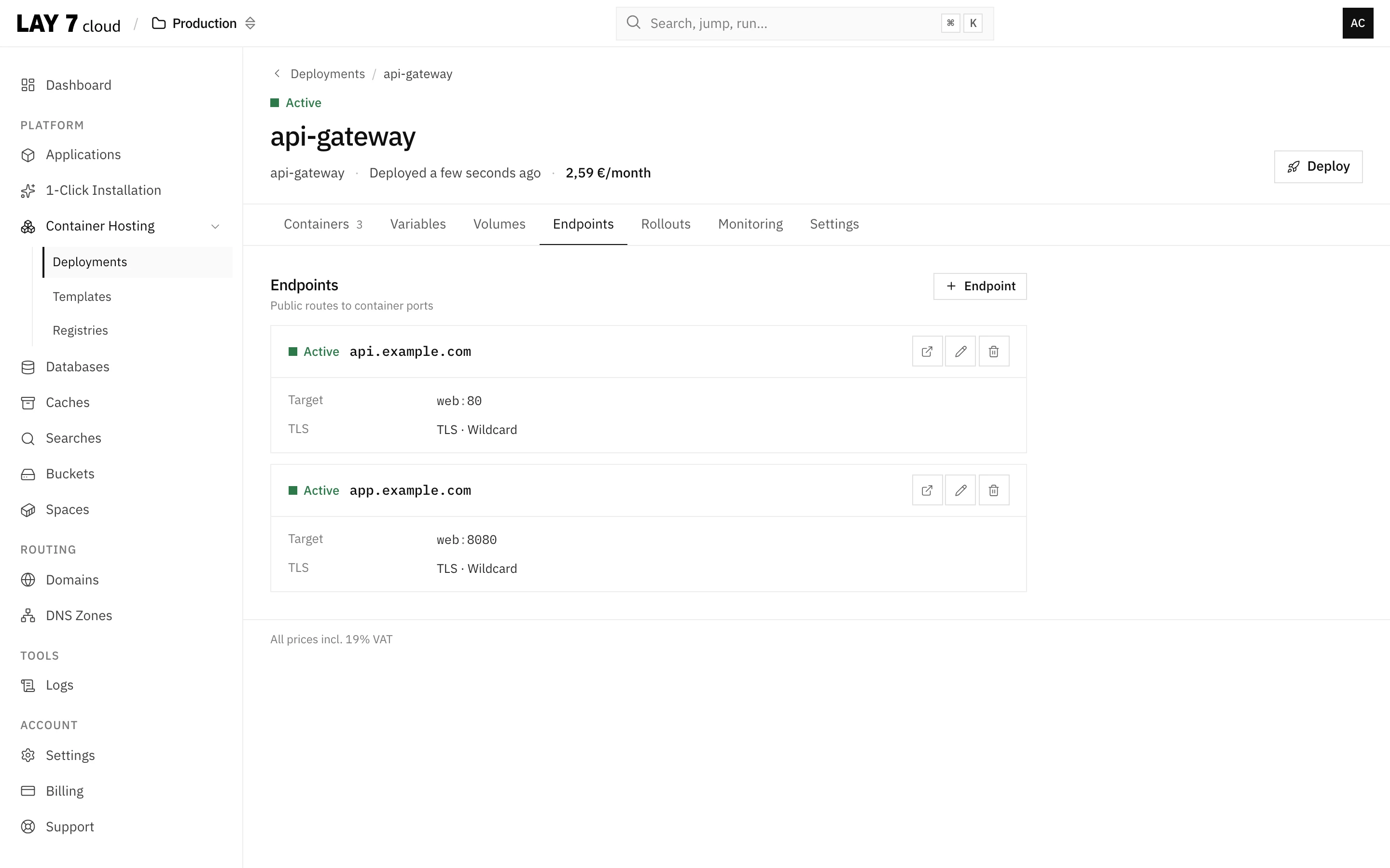 Endpoints of a deployment in the LAY7 cloud – public routes with wildcard TLS
