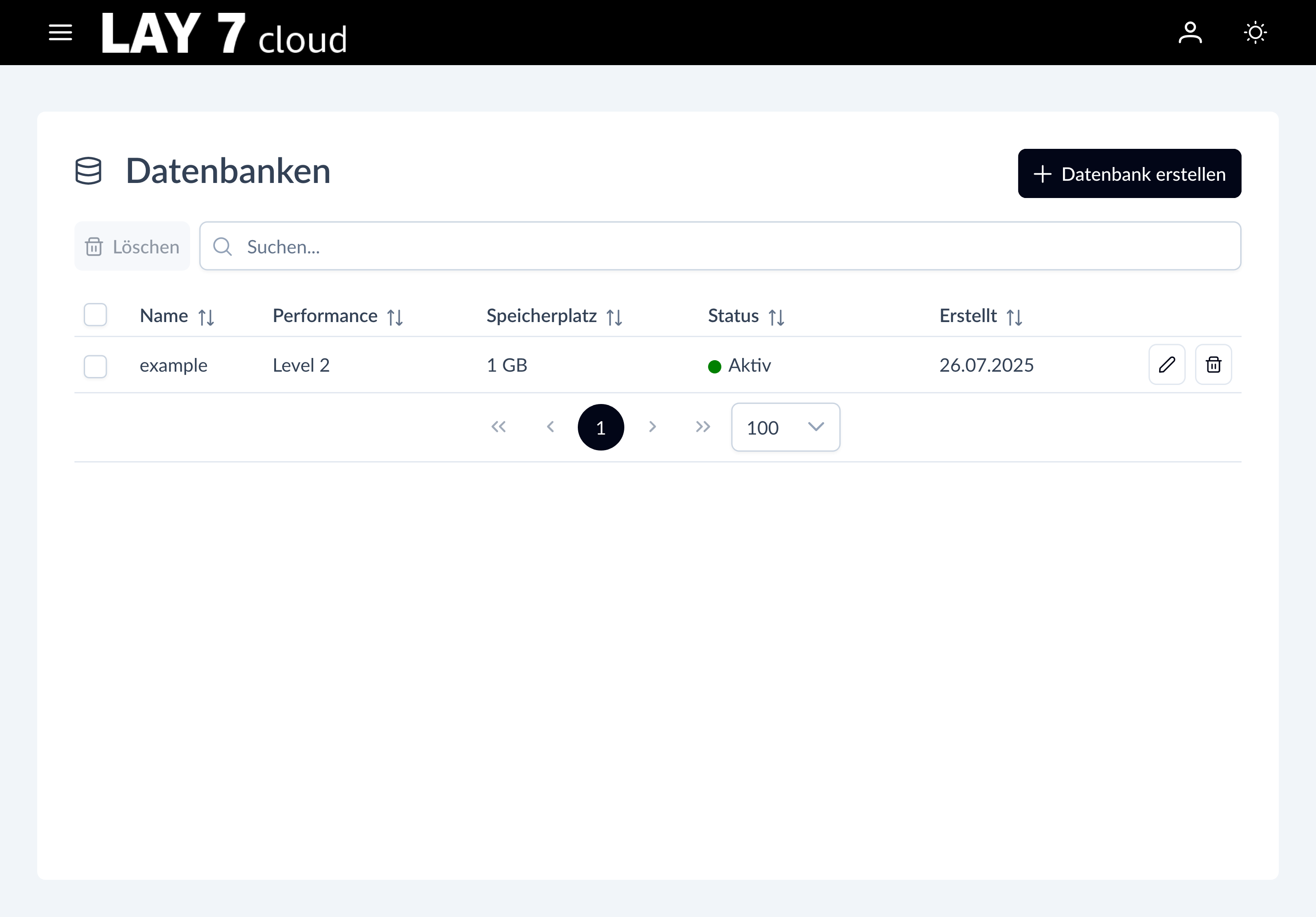 Screenshot of a managed database in the LAY7 Cloud